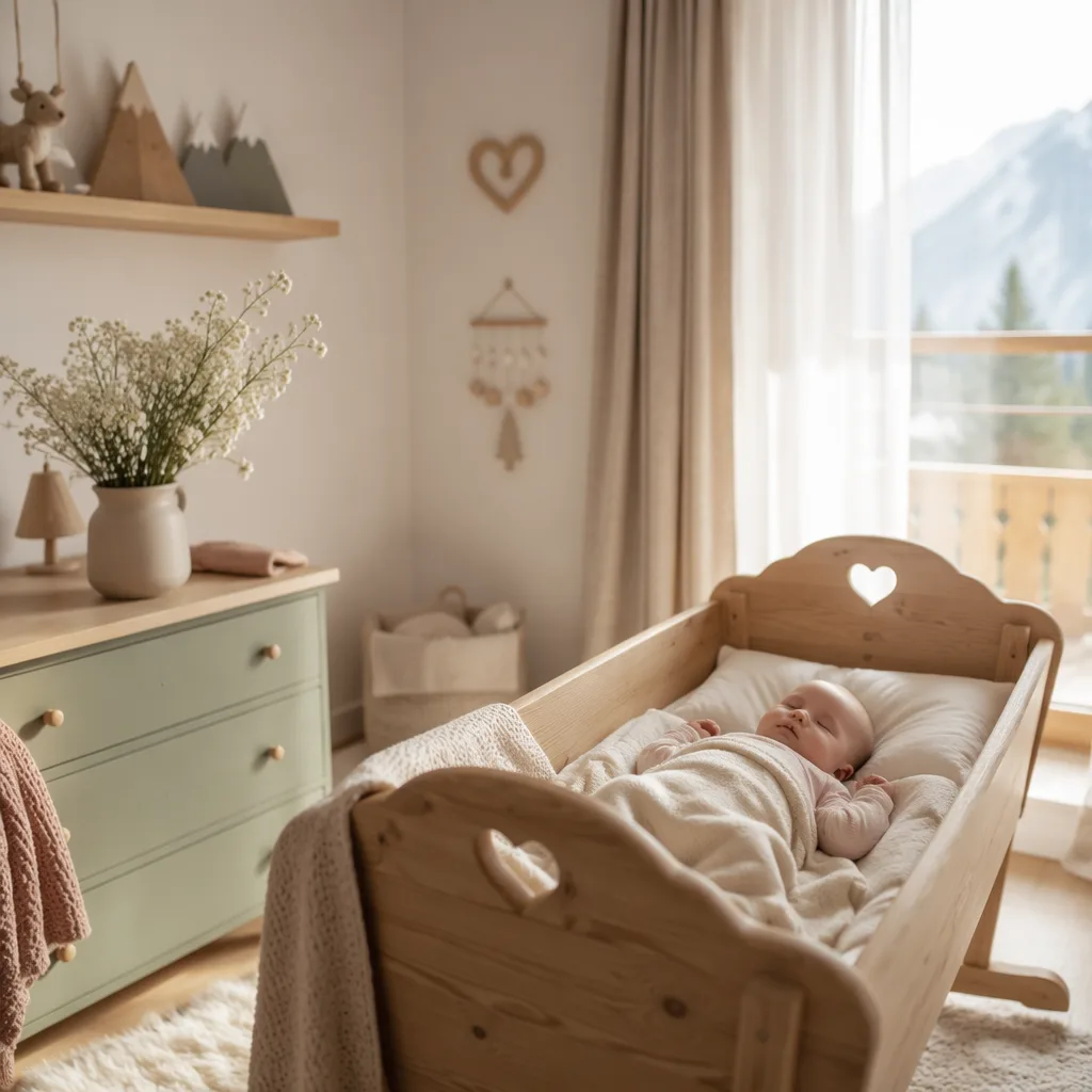 A peaceful pastel nursery with a sleeping baby in a wooden cradle and soft morning light.