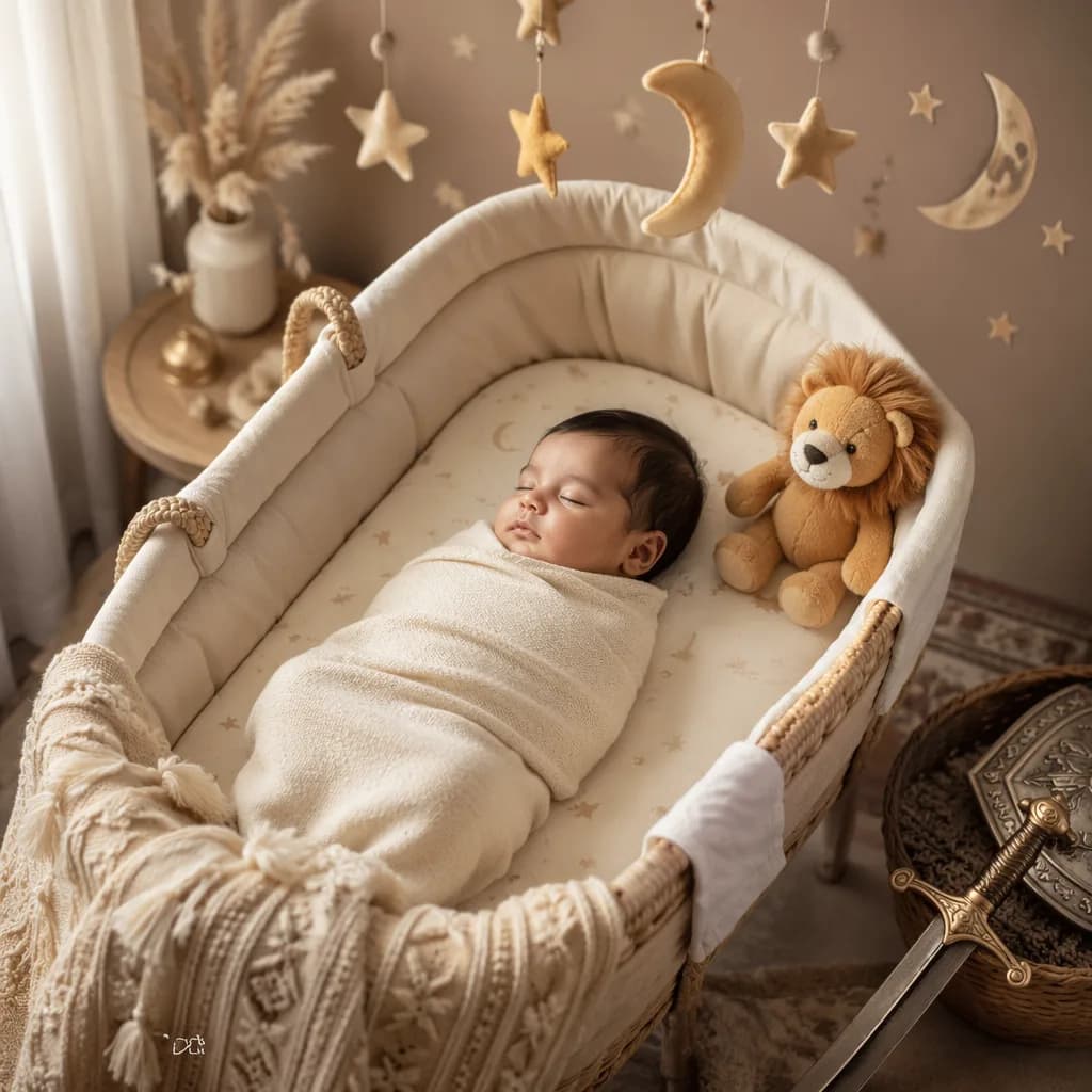 Sleeping baby in a cozy pastel nursery with moon and lion accents.