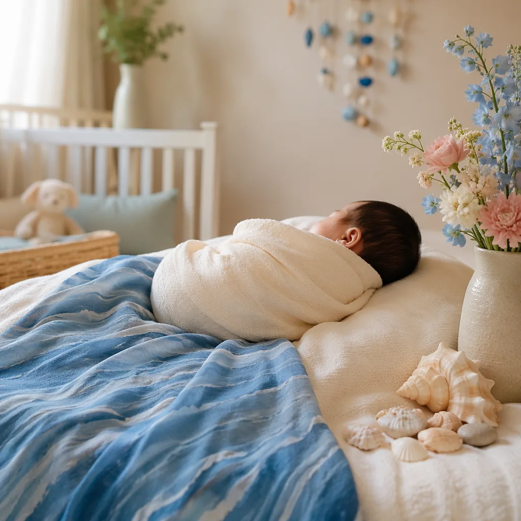 Sleeping Filipino baby in a soft nursery with river-blue blanket, seashells, and pastel flowers.