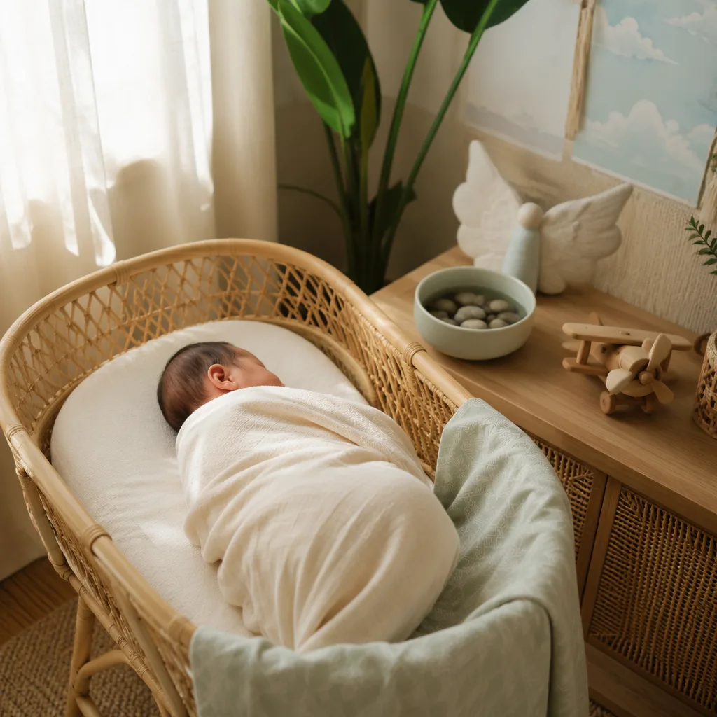 A peaceful Filipino baby nursery with a swaddled baby, soft river-inspired decor, and warm natural light.