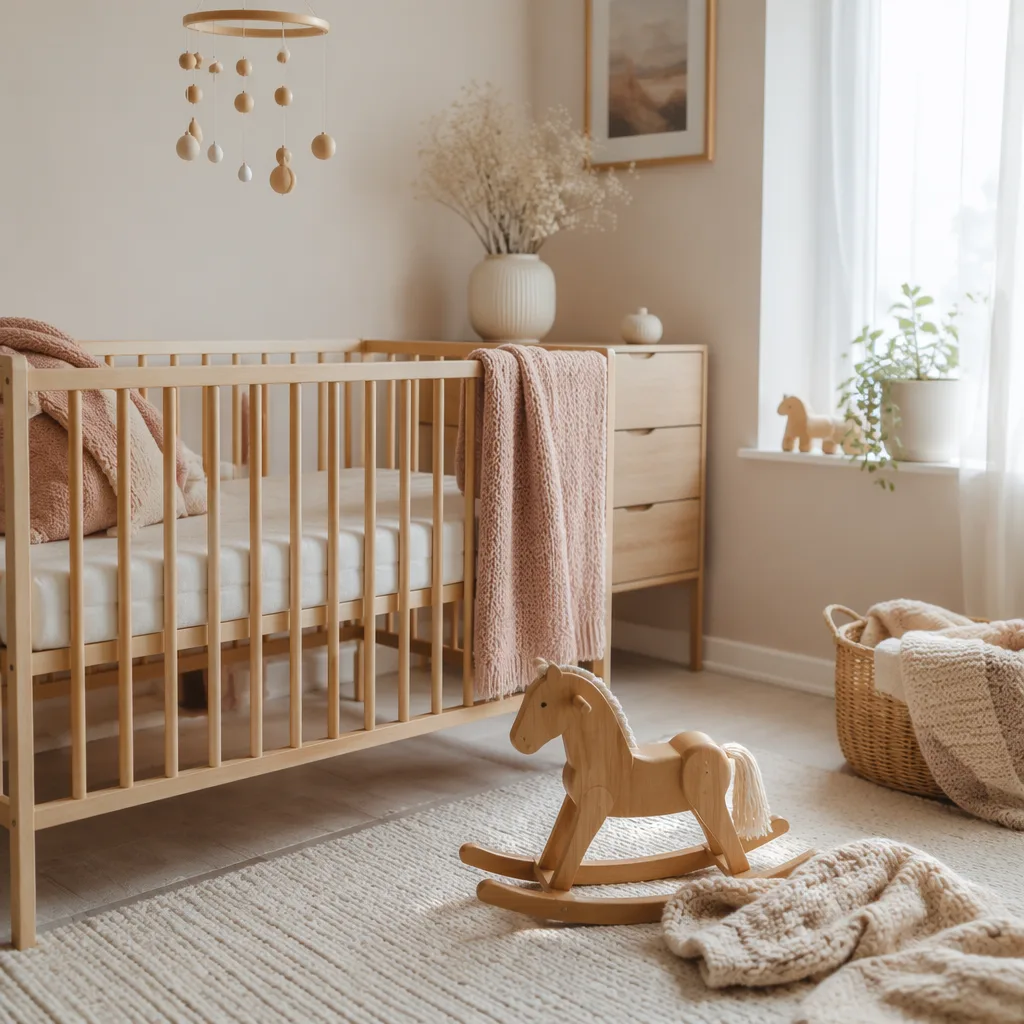 Soft Scandinavian nursery with a wooden horse toy and cozy pastel baby decor.