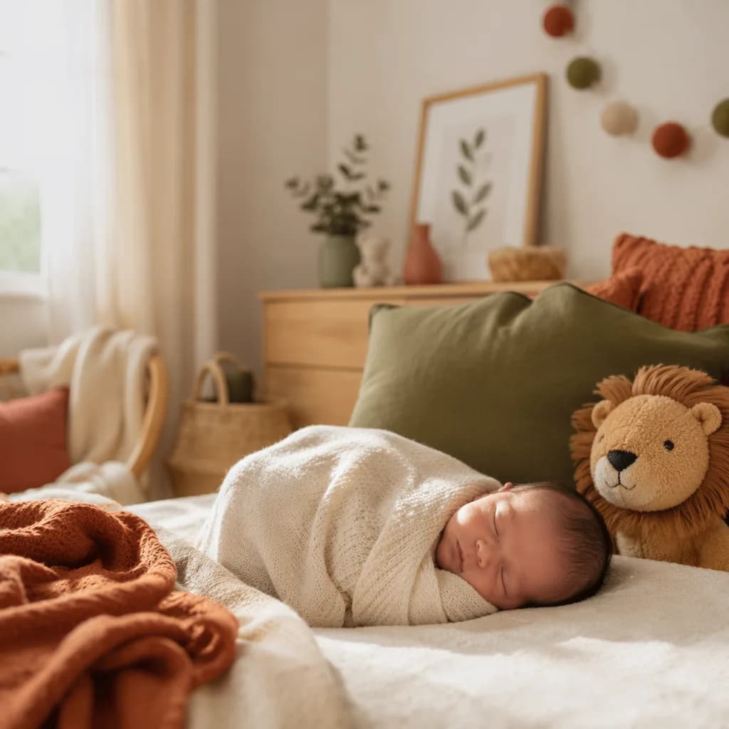 Sleeping newborn in a soft Spanish-inspired nursery with a plush lion.