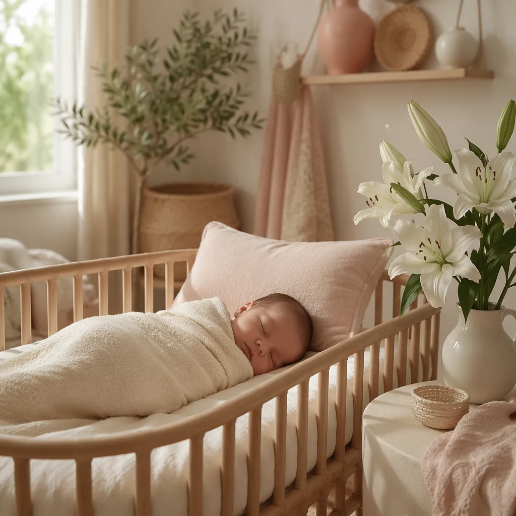 A softly lit pastel nursery with a swaddled baby and white lilies.