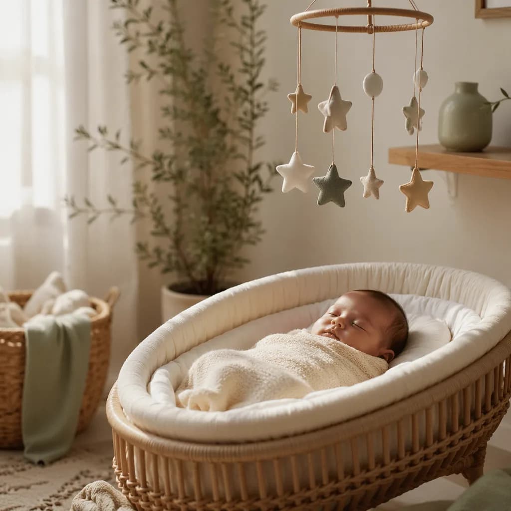 Soft pastel Spanish nursery with a sleeping baby and subtle star mobile.