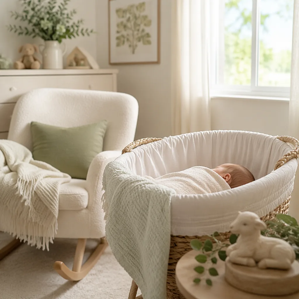 Soft pastel nursery with a swaddled newborn in gentle morning light.