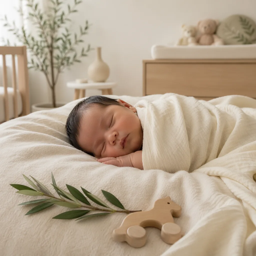 Sleeping Filipino newborn in a soft pastel nursery with cozy blankets and gentle natural light.
