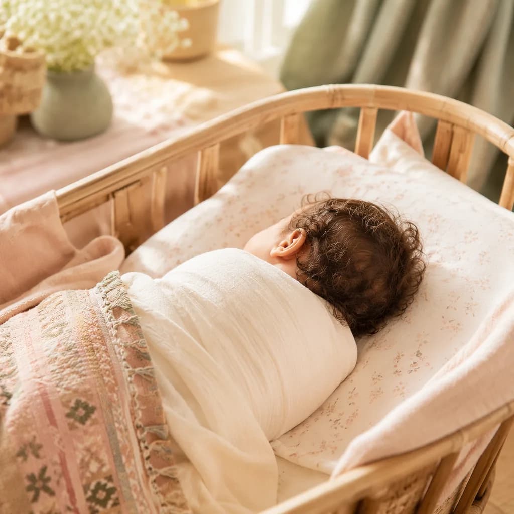 A softly lit pastel nursery with a swaddled baby and delicate curls.