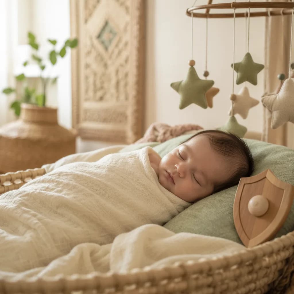 Sleeping baby in a soft pastel nursery with a small wooden shield and star mobile.