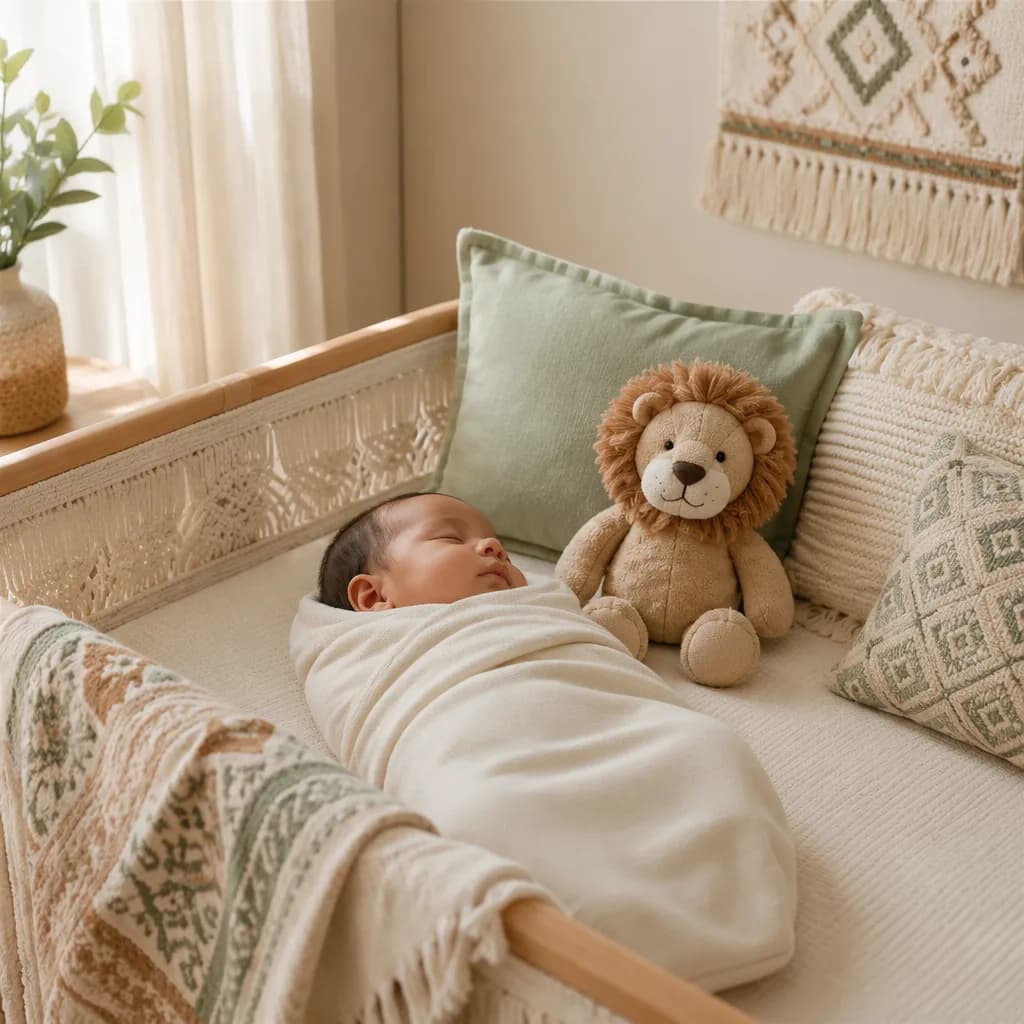 Sleeping baby in a soft pastel nursery with a plush lion and cozy woven accents.