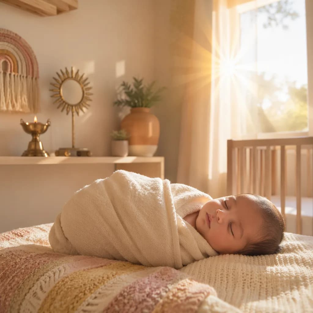 A peacefully sleeping baby in a sunlit pastel nursery with subtle Indian-inspired decor.