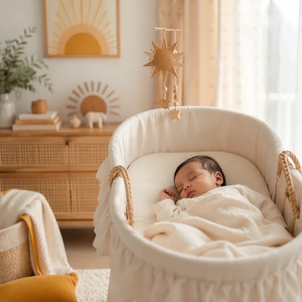 Peaceful baby in a softly lit pastel nursery with warm golden accents.