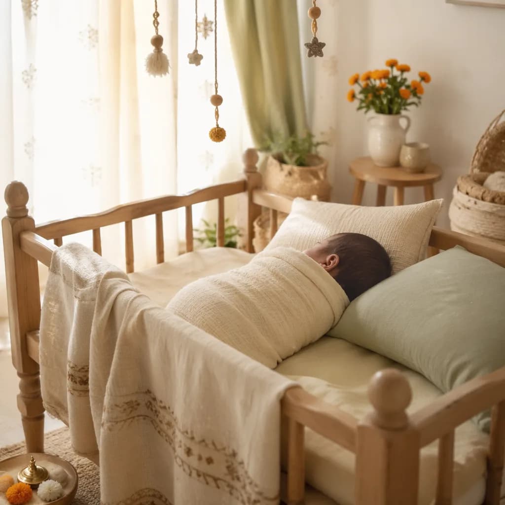 A peaceful swaddled baby in a softly lit pastel nursery with subtle Indian-inspired accents.
