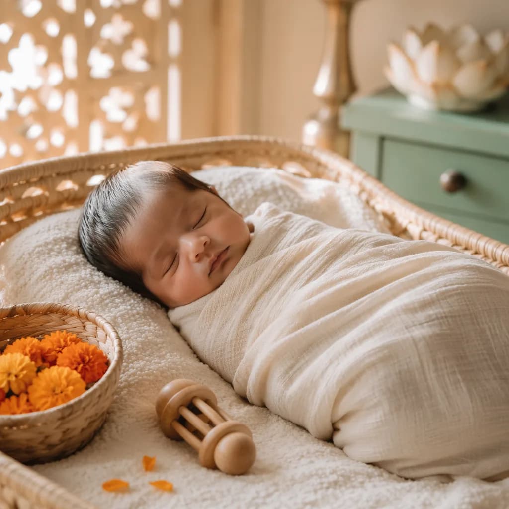 Sleeping newborn in a soft pastel nursery with gentle Indian-inspired details.