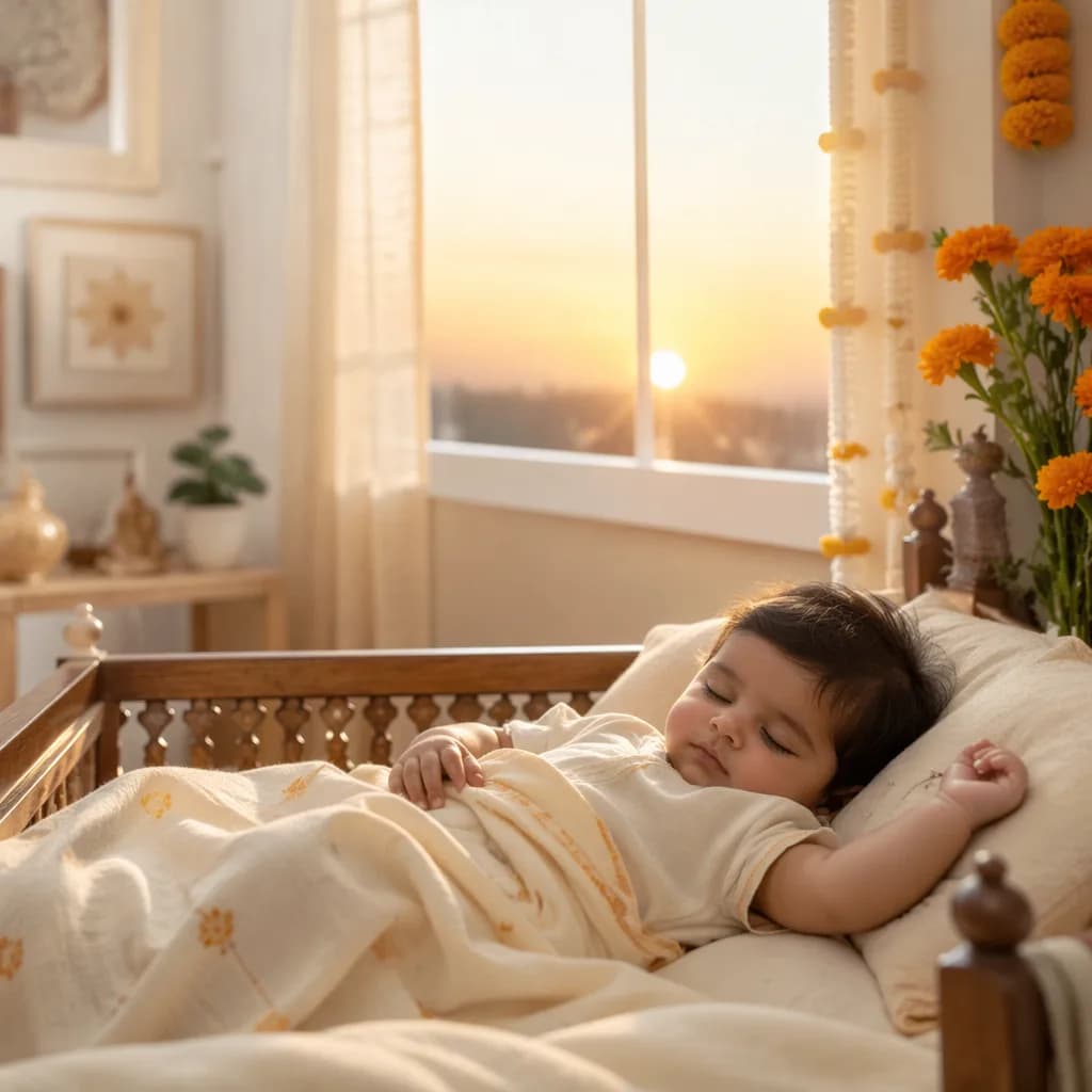 Sleeping baby in a warm pastel Hindi-inspired nursery with soft sunrise light.