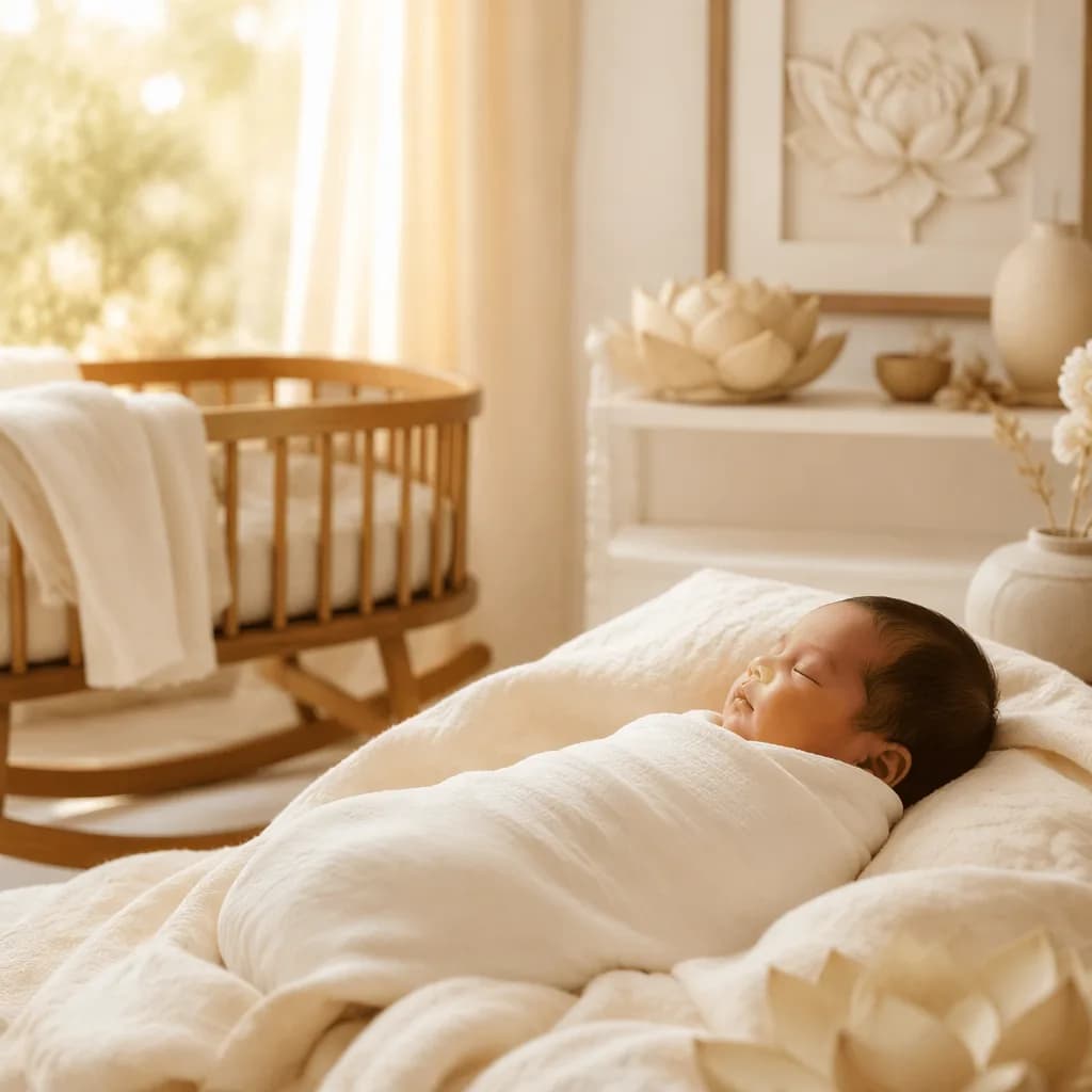 Sleeping newborn in a soft white nursery with warm natural light and subtle lotus decor.