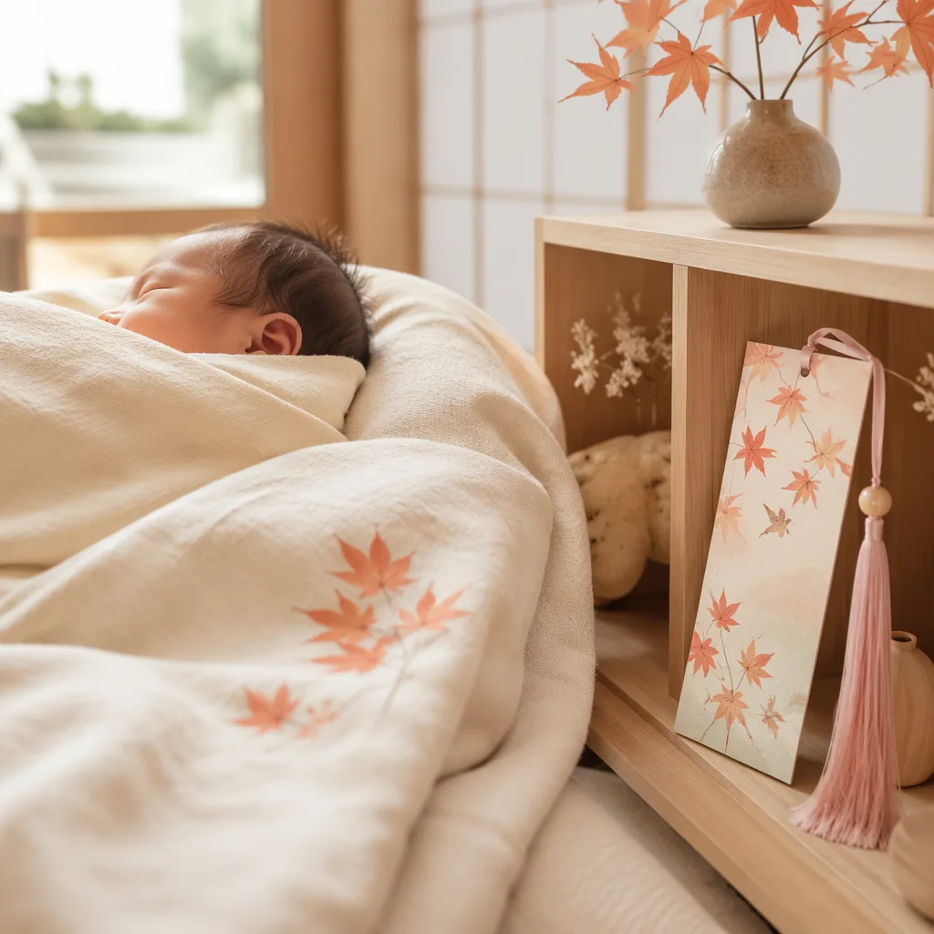 Soft pastel nursery scene with a swaddled baby and Japanese maple details.