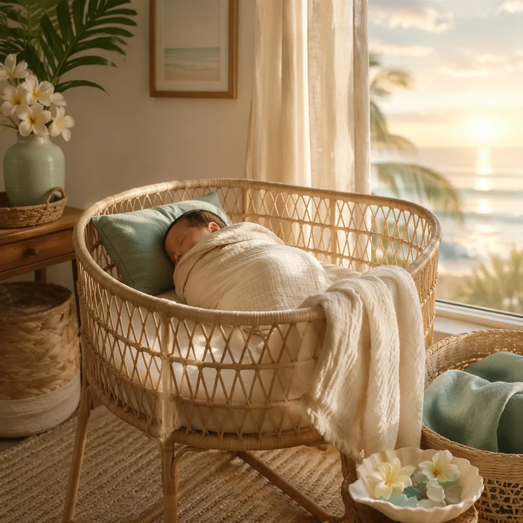 A softly lit Hawaiian-inspired nursery with a swaddled sleeping baby in a rattan bassinet.