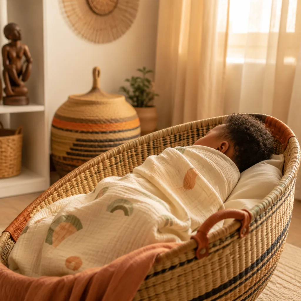 Peaceful Igbo baby in a warm pastel nursery with woven heritage details.