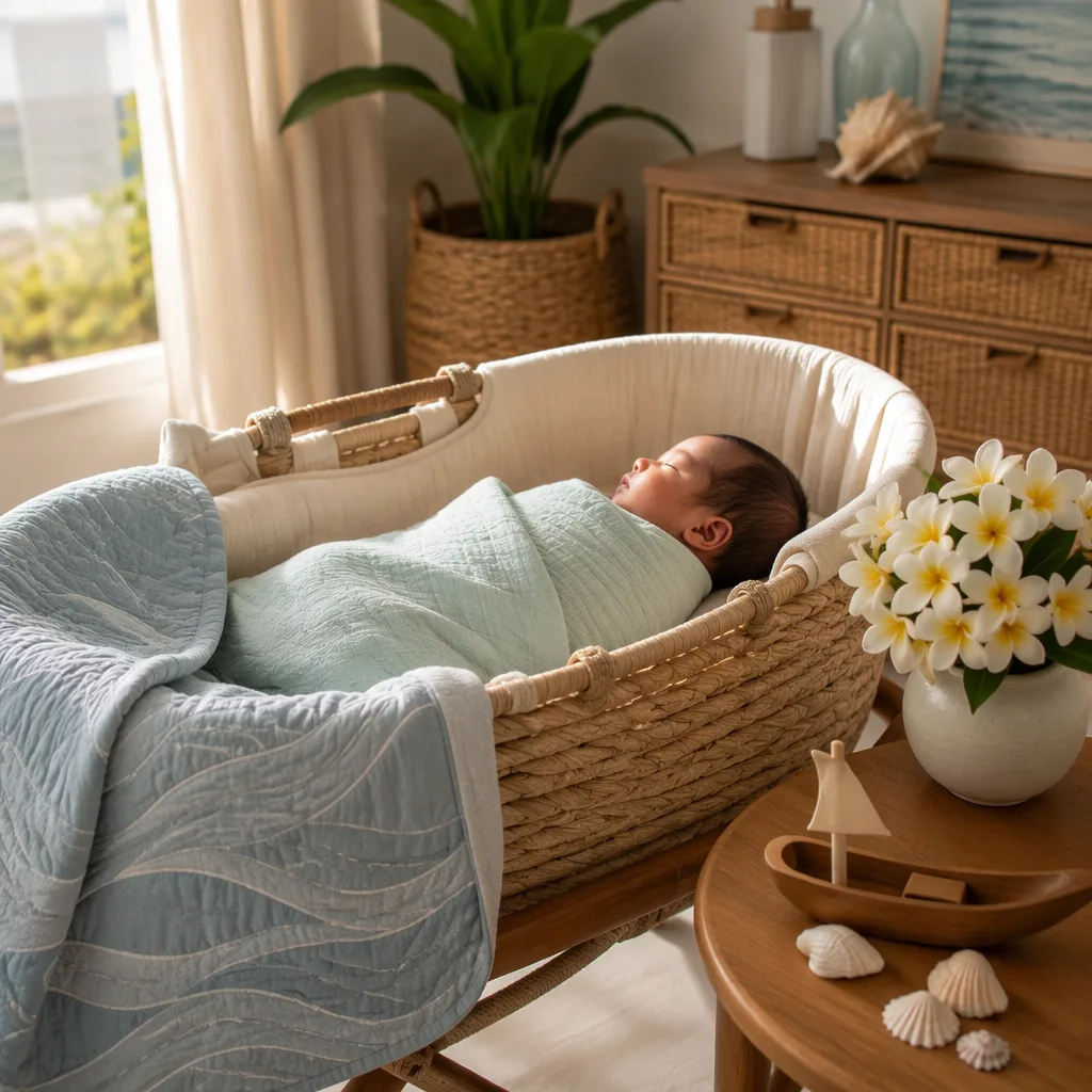 A softly lit Hawaiian-inspired nursery with a sleeping baby and gentle ocean-themed details.