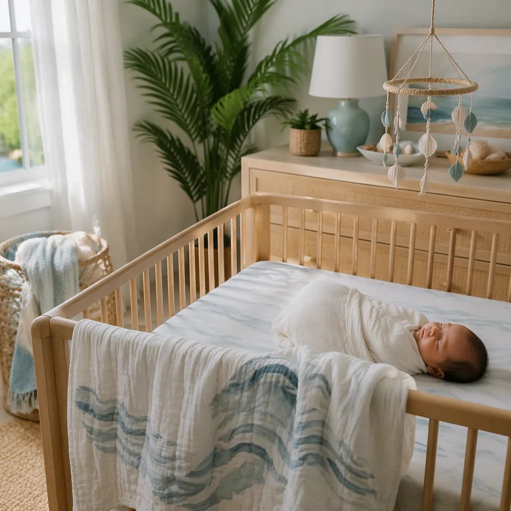 Soft coastal nursery with a swaddled baby and gentle Hawaiian ocean-inspired decor.