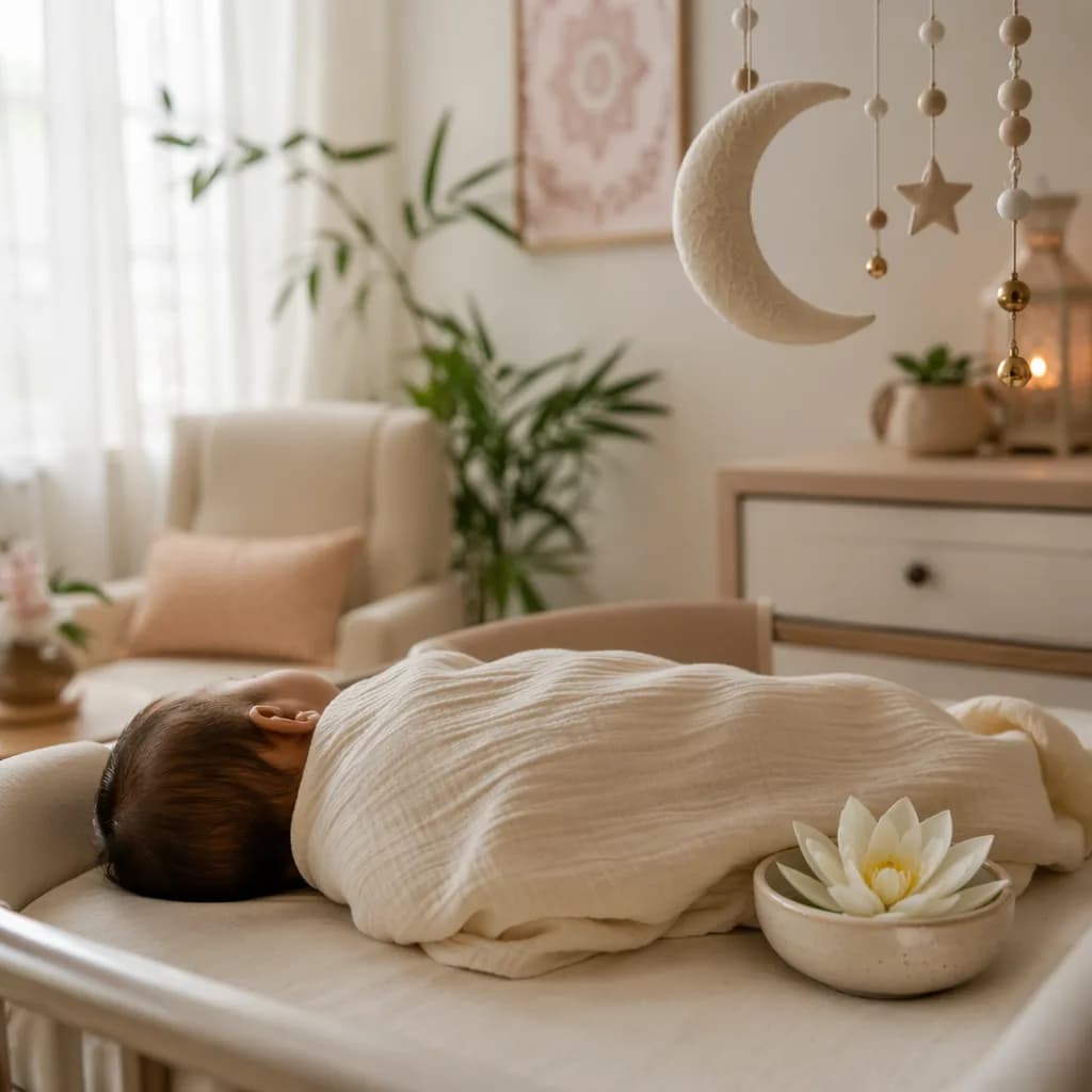 Sleeping baby in a soft pastel nursery with a white lotus and crescent moon mobile.