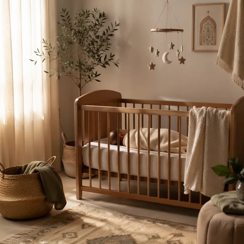 A softly lit modern nursery with a swaddled baby and subtle Arabic-inspired decor.