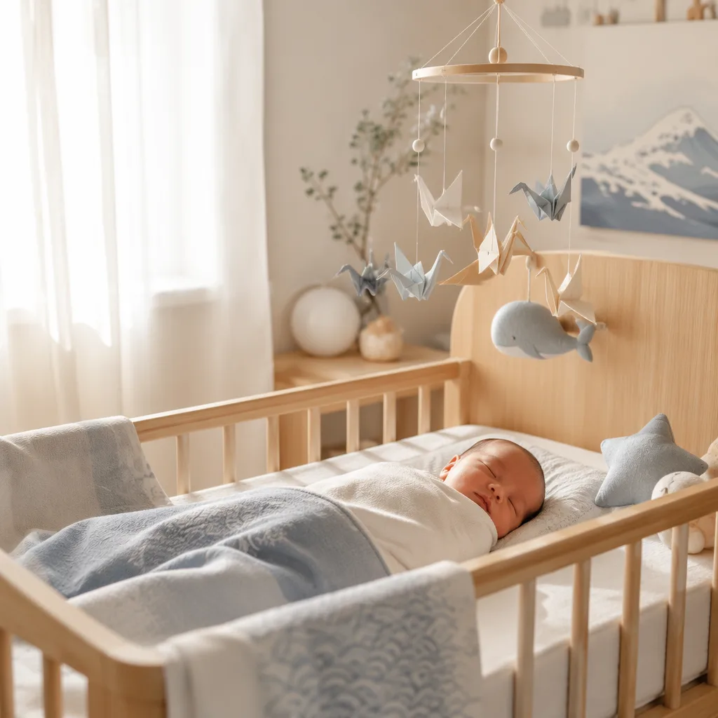Sleeping newborn in a soft Japanese-inspired nursery with ocean-blue accents and warm natural light.