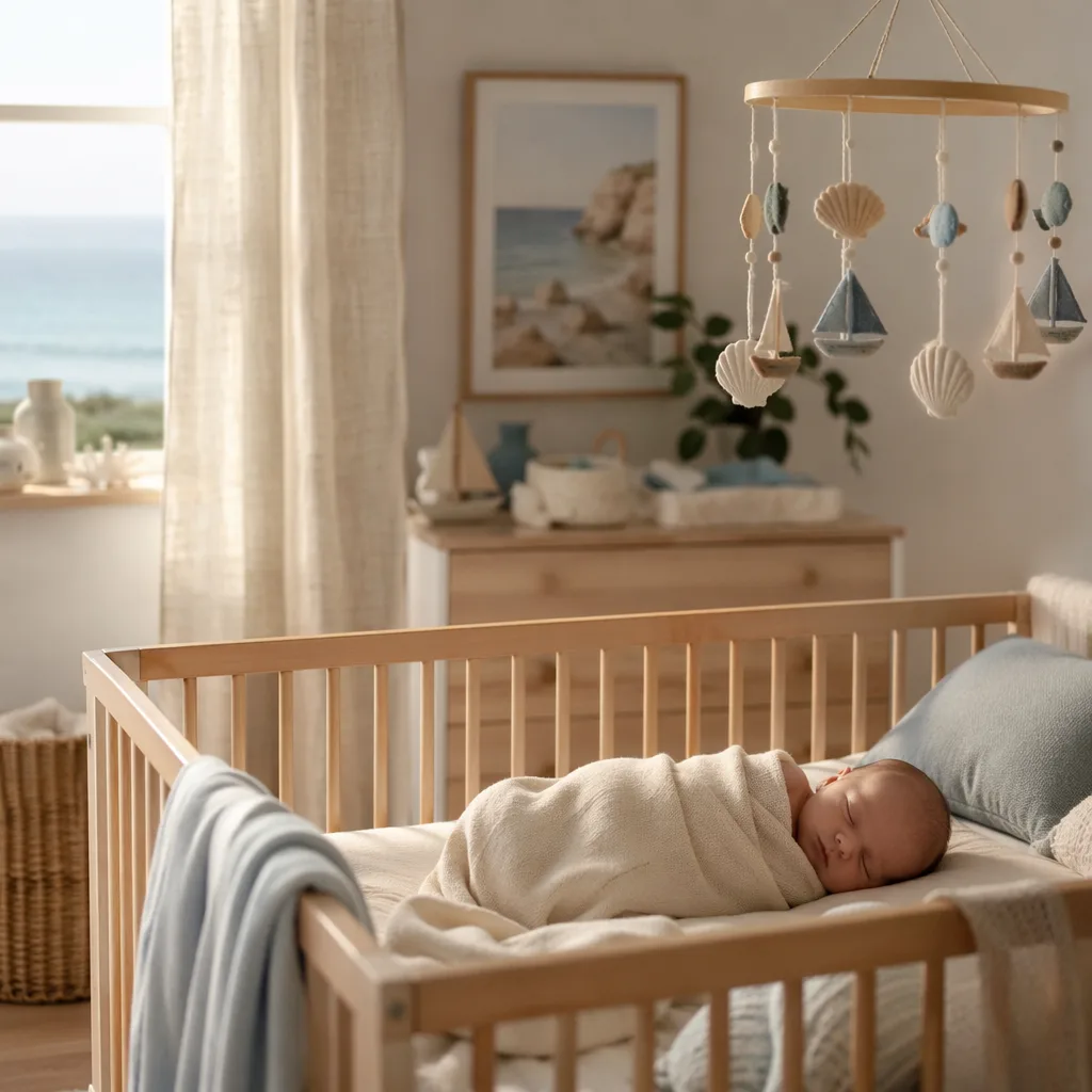 Sleeping newborn in a cozy pastel nursery with subtle coastal-inspired decor.