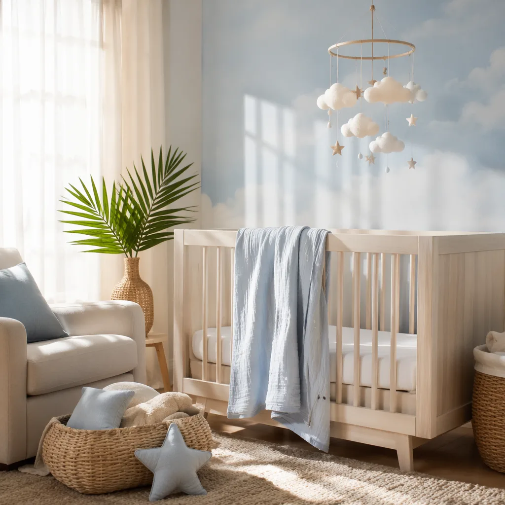 Soft Hawaiian-inspired nursery with sky and cloud details for the name Kalani.