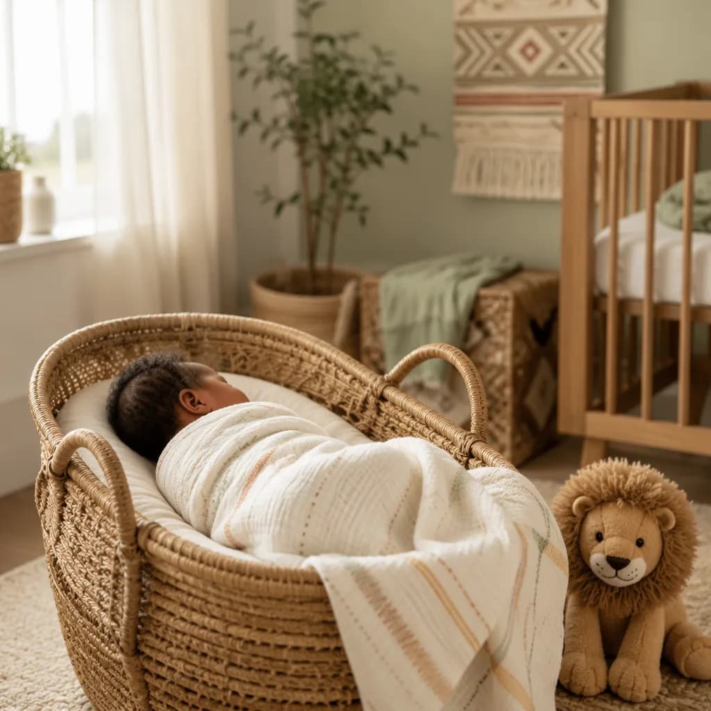 Peaceful Ethiopian baby in a cozy pastel nursery with soft light and a lion plush.