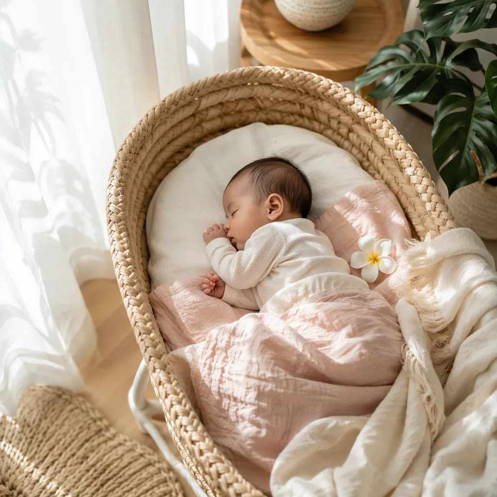 Sleeping baby in a soft Hawaiian-inspired nursery with pastel linens and plumeria.