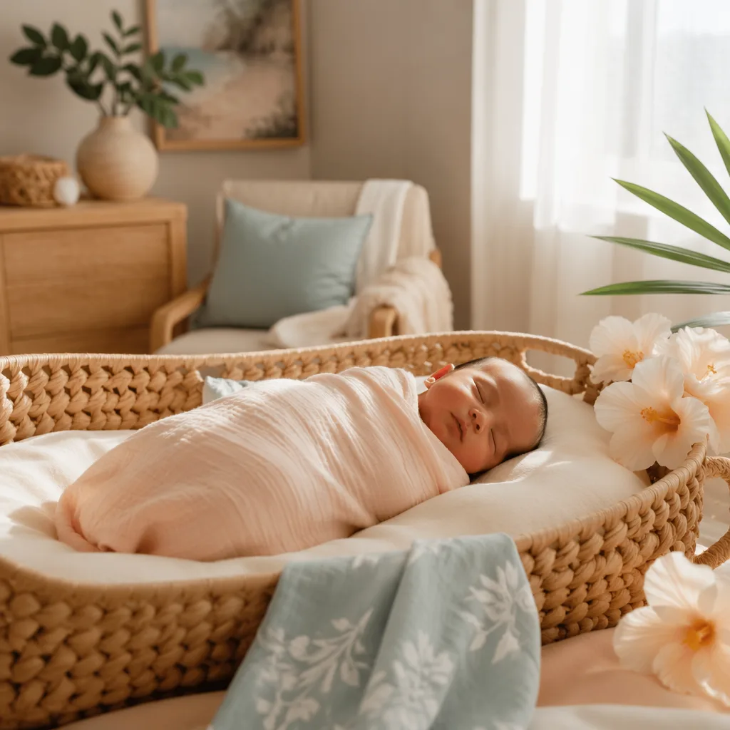 Sleeping baby in a soft Hawaiian-inspired nursery with pastel flowers and ocean tones
