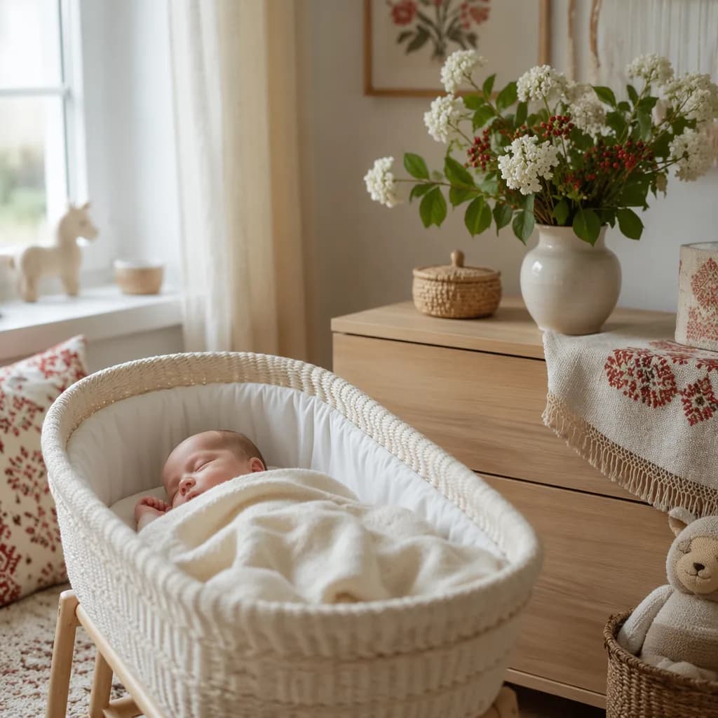 Cozy pastel nursery with a sleeping baby and viburnum blossoms inspired by the Polish name Kalina.