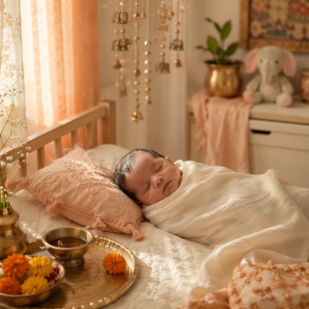 Sleeping newborn in a warm pastel nursery with subtle auspicious Indian-inspired details.