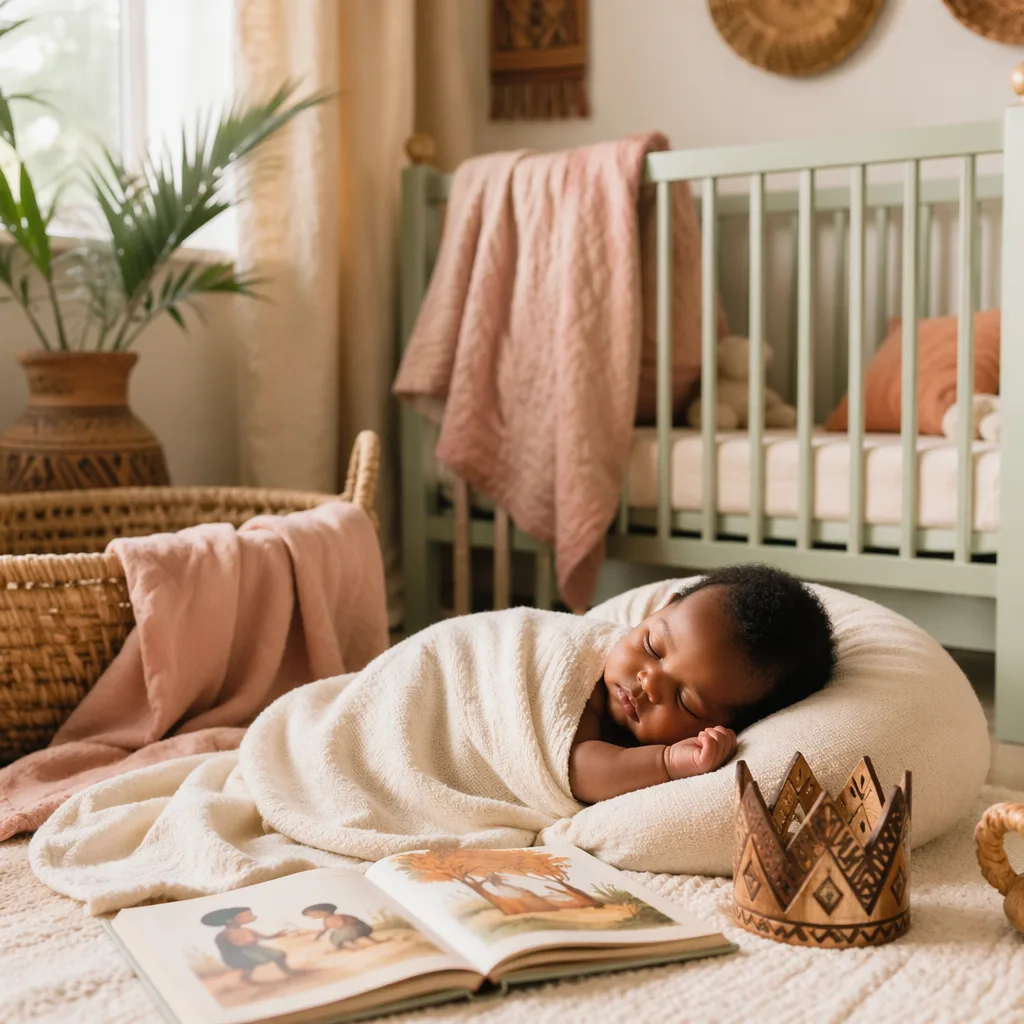 Sleeping baby in a warm Igbo-inspired pastel nursery with soft light and cozy woven details.