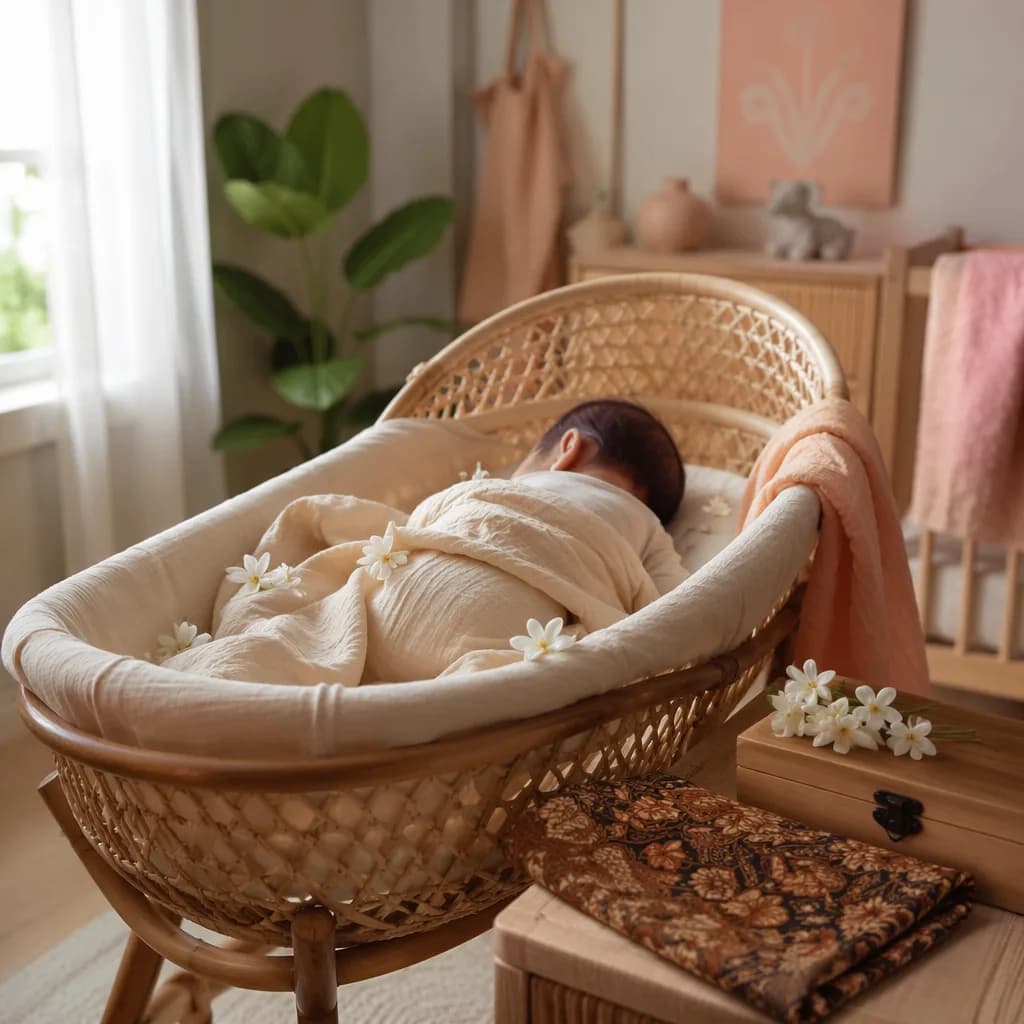 A peaceful Indonesian-inspired nursery with a sleeping baby in a bassinet, soft pastels, jasmine flowers, and a batik fabric accent.