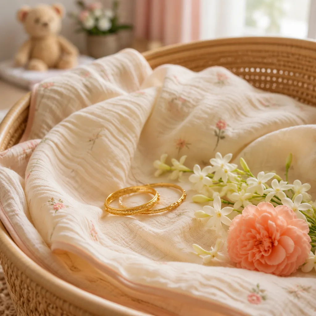 Soft Bengali nursery still-life with baby bangles, muslin blanket, and jasmine flowers in warm pastel light.