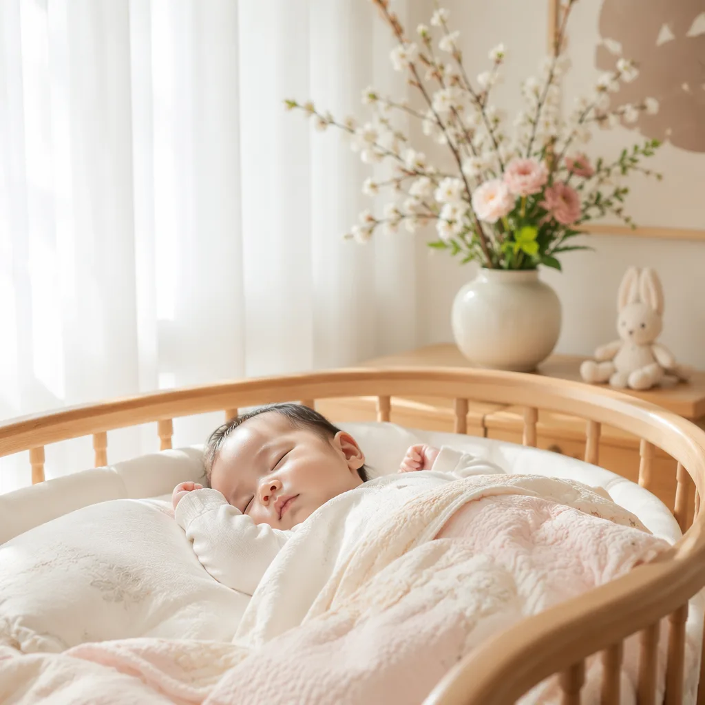 Peaceful Japanese-inspired nursery with a sleeping newborn and soft floral details