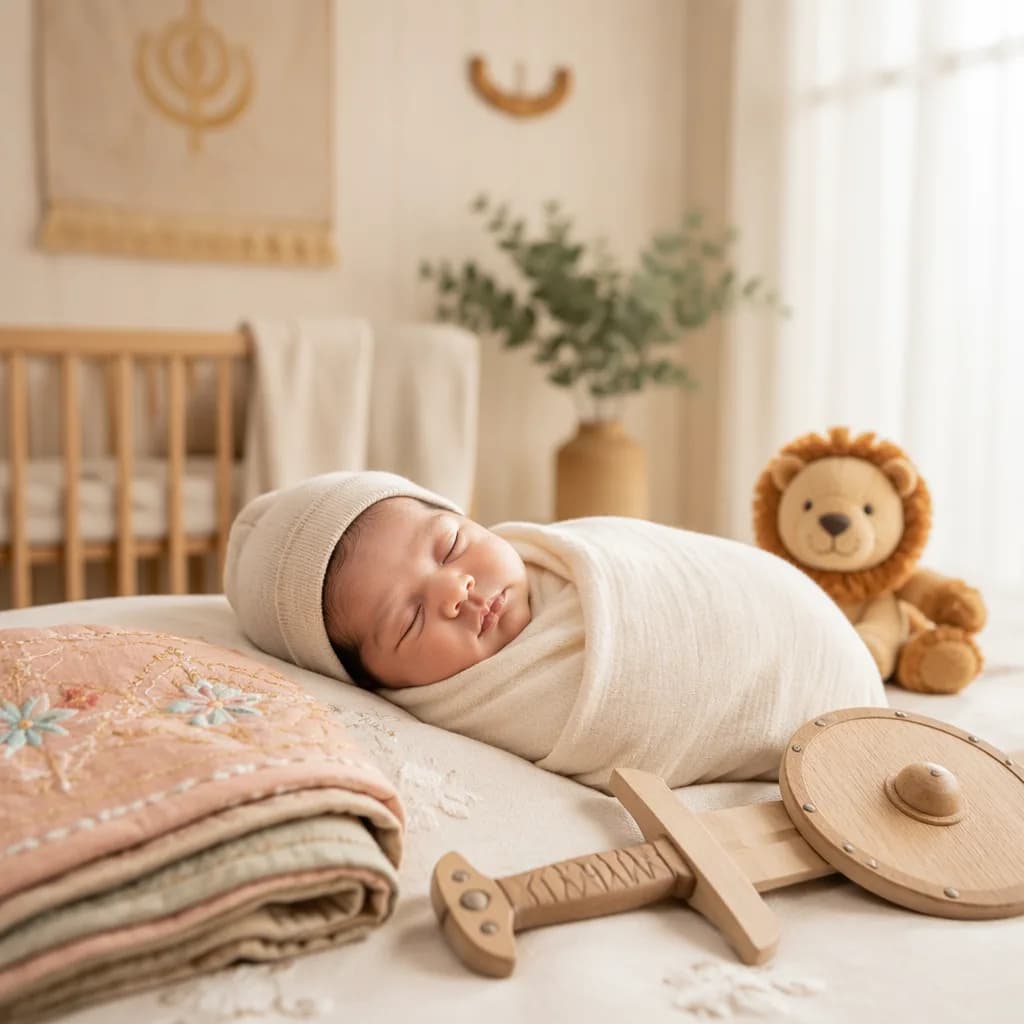 Sleeping baby in a soft Punjabi-inspired nursery with a plush lion and pastel blanket.