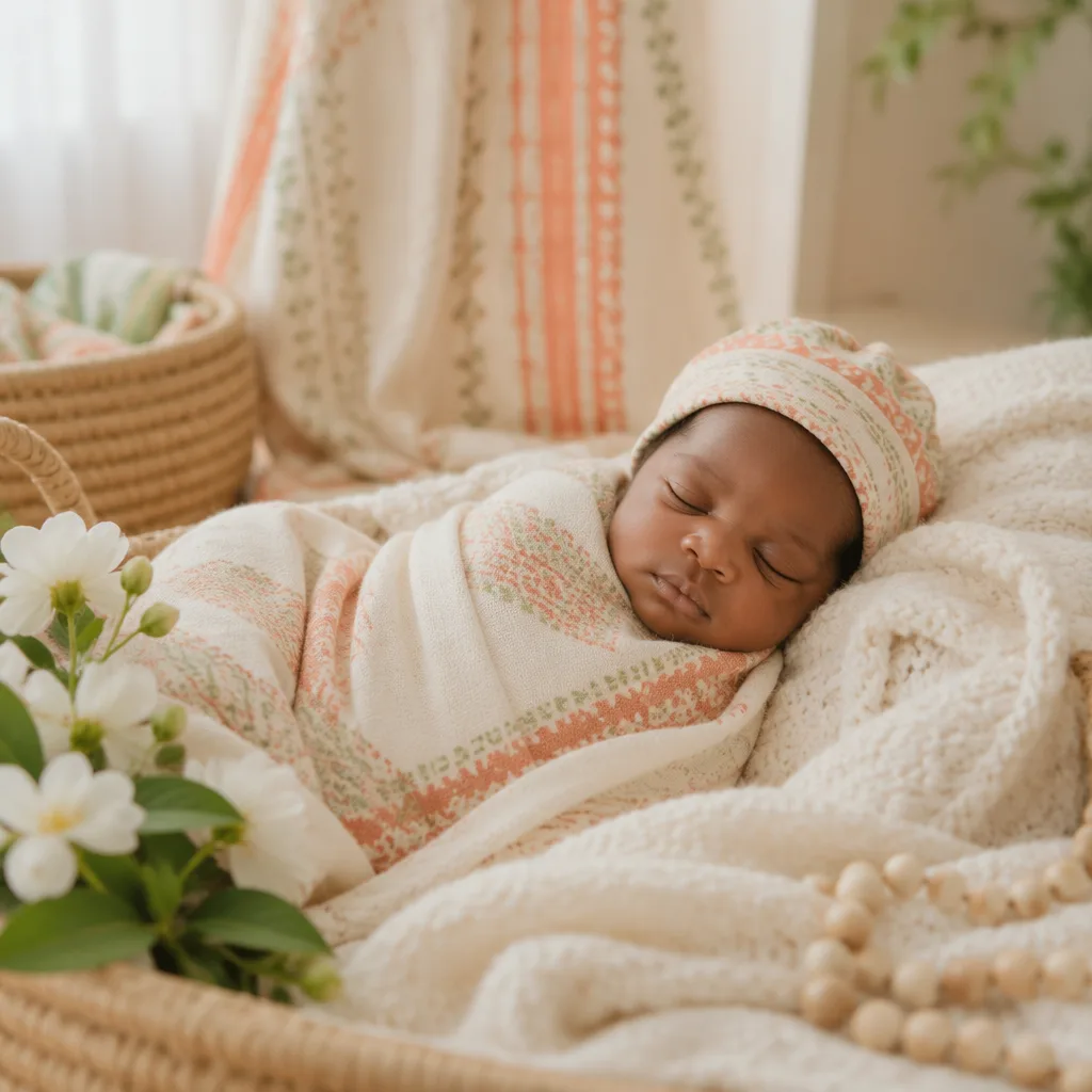 Peaceful Igbo-inspired newborn nursery scene with soft swaddle, woven accents, and gentle natural light.