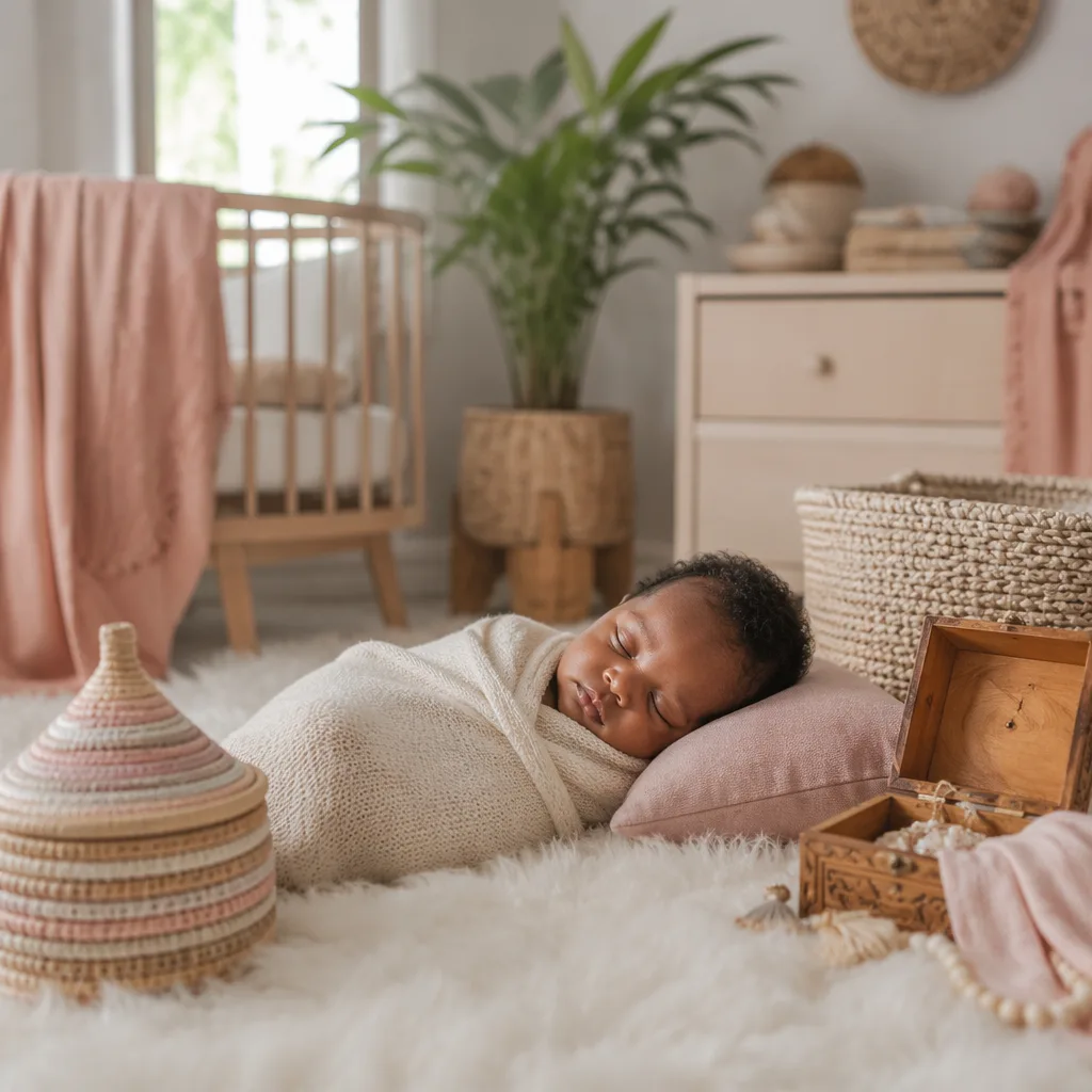 Sleeping swaddled baby in a warm pastel nursery with woven accents and a small treasure box.