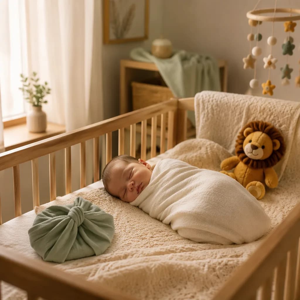 A softly lit Punjabi nursery with a swaddled baby and a plush lion symbolizing bravery.