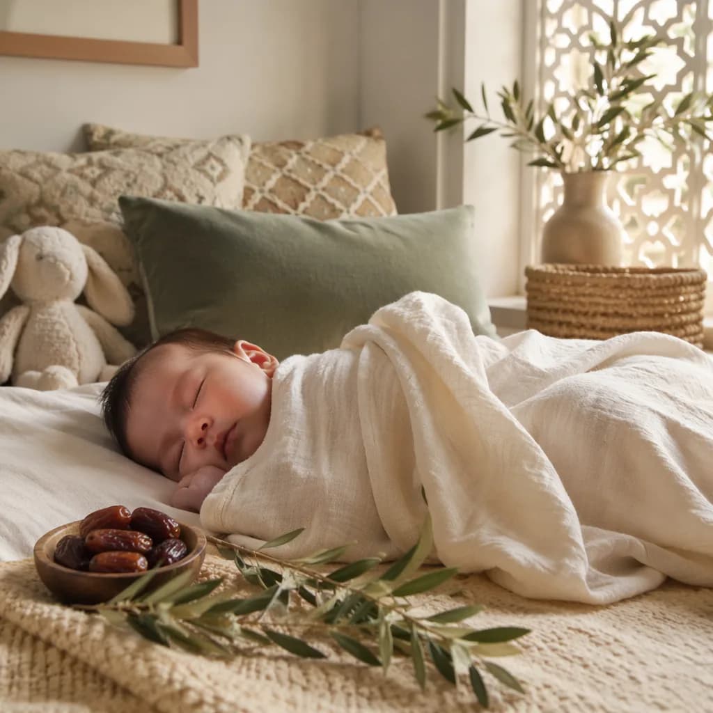 Soft pastel nursery scene with a sleeping baby and gentle Arabic-inspired details symbolizing Kareem.