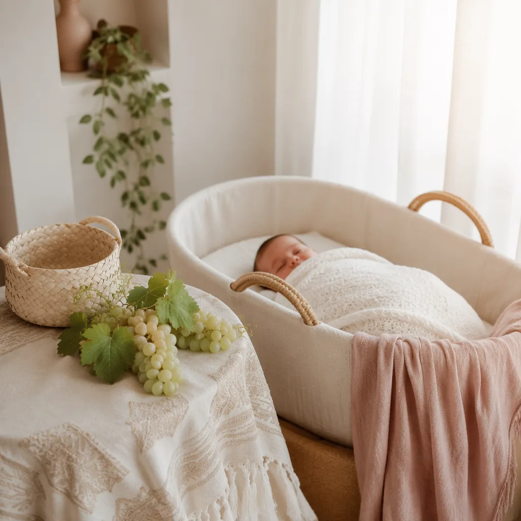 Soft Arabic-inspired nursery scene with a swaddled baby, grapevine leaves, and a woven palm basket.