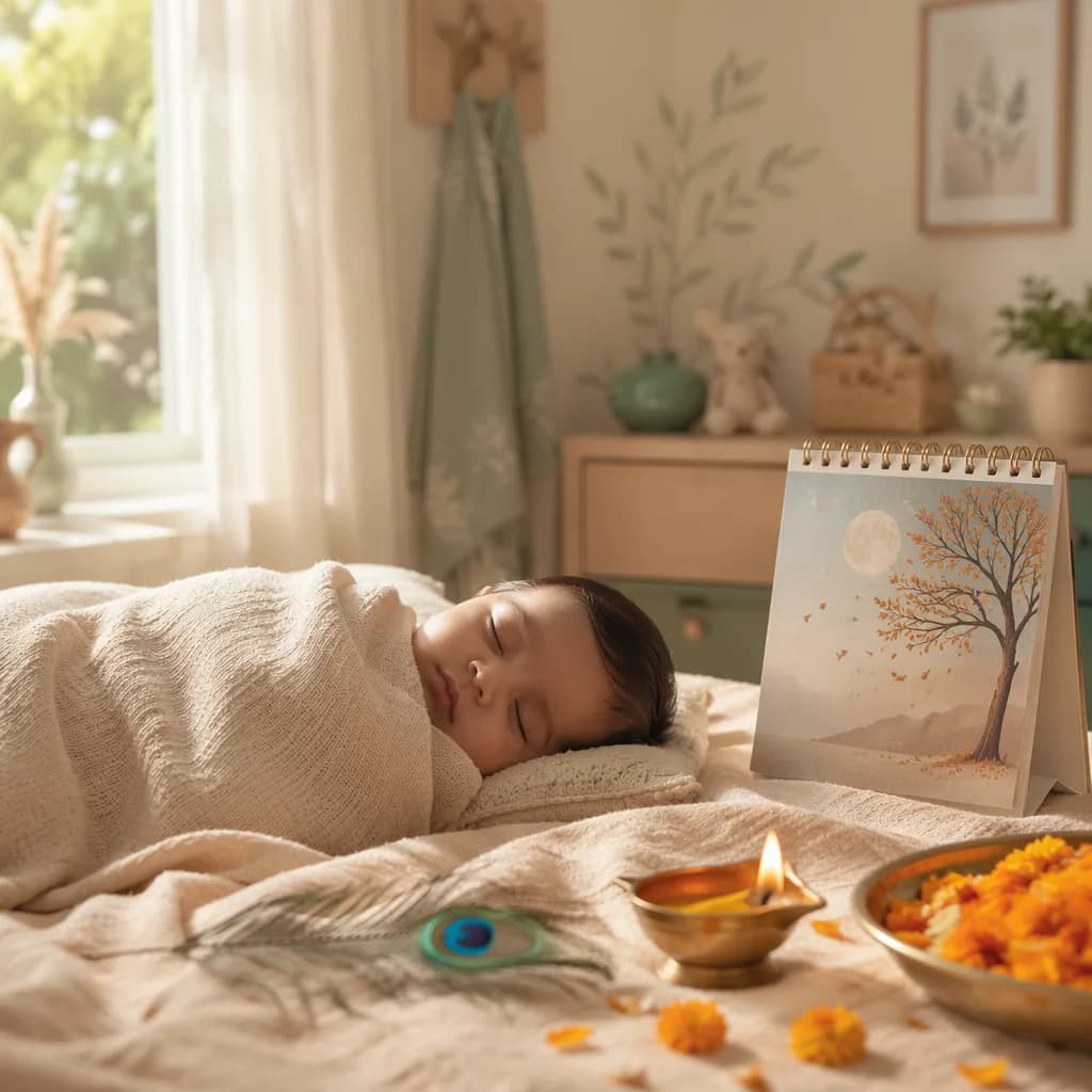 A softly lit nursery with a swaddled baby, marigold petals, a diya, and gentle Indian-inspired details.