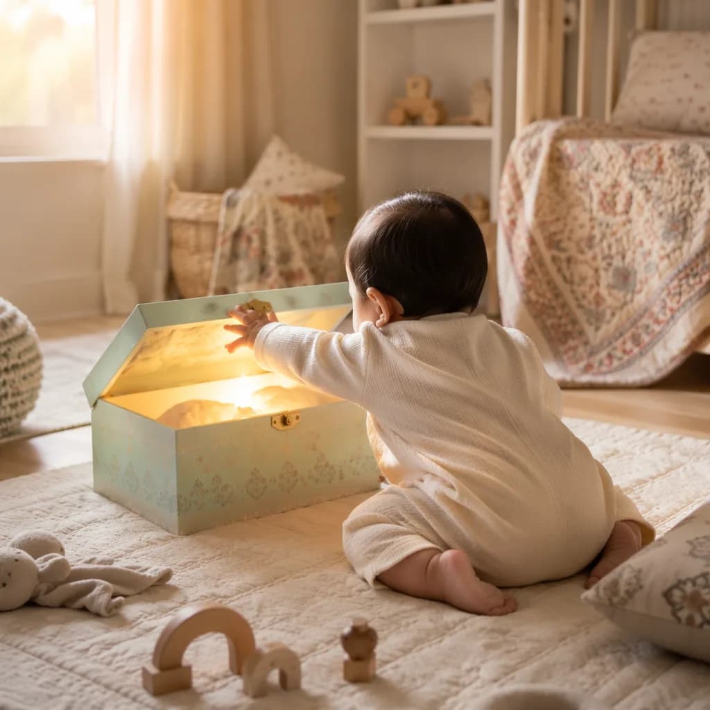 A baby in a soft nursery reaching toward a glowing keepsake box, evoking discovery.