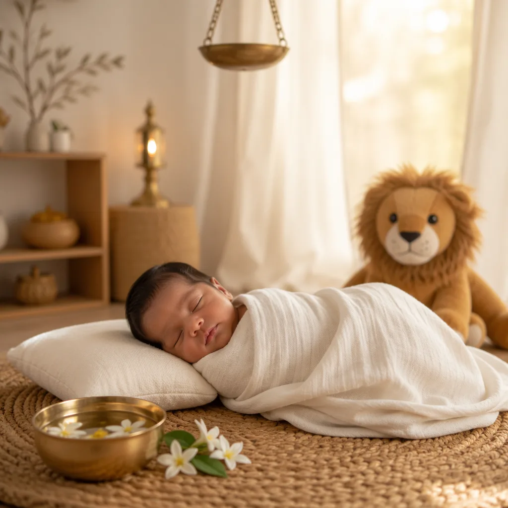 A peaceful swaddled newborn in a pastel nursery with jasmine, soft golden light, and a plush lion toy.
