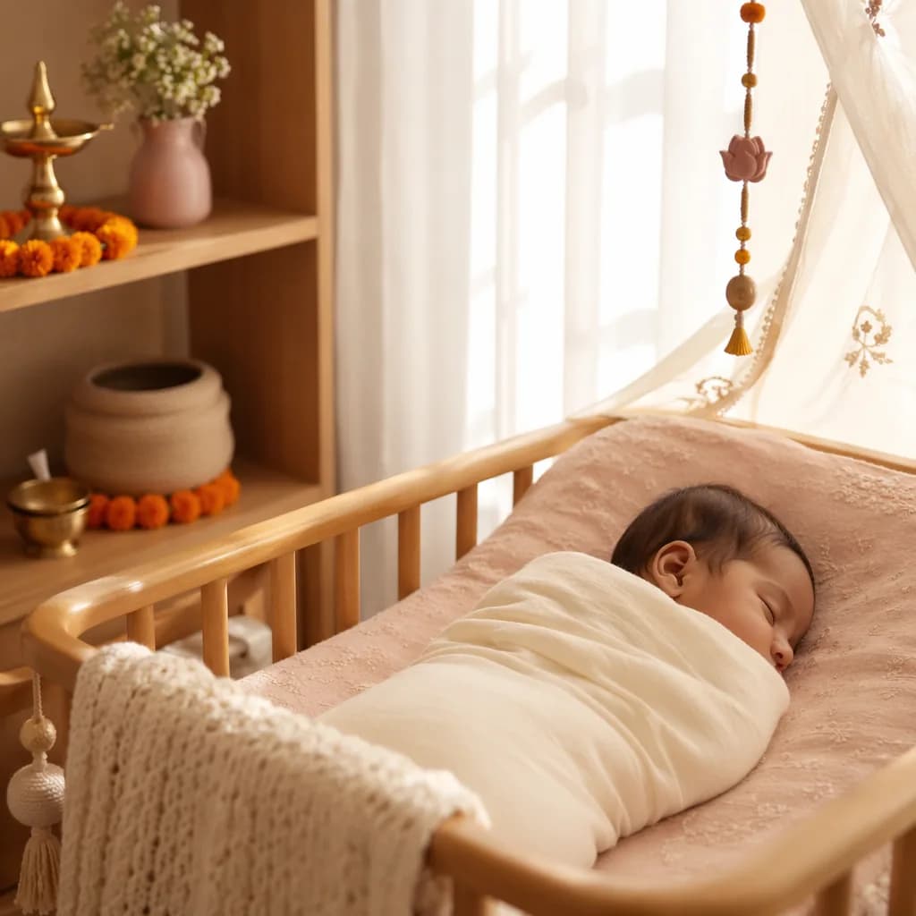 Peaceful Indian baby in a soft pastel nursery with warm natural light and subtle traditional accents.