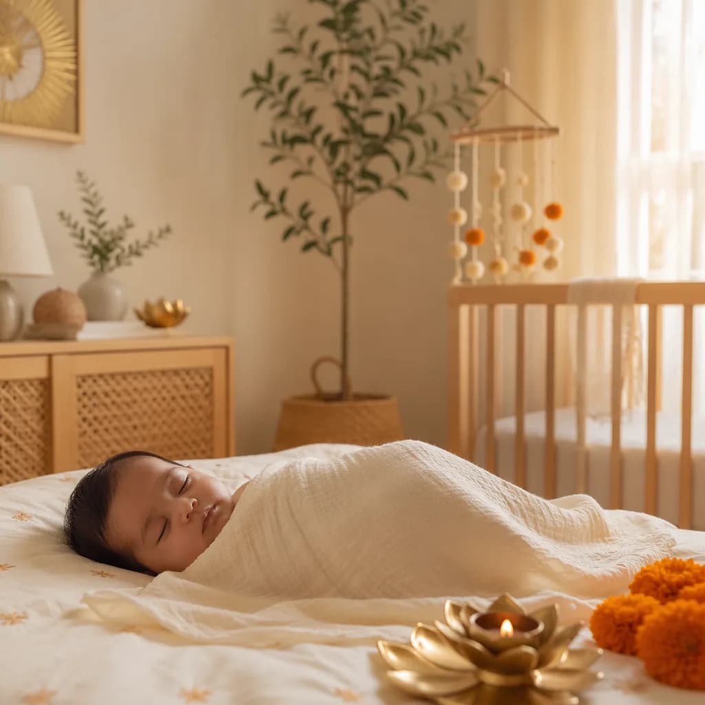Soft pastel nursery scene with a peacefully swaddled baby in gentle morning light.
