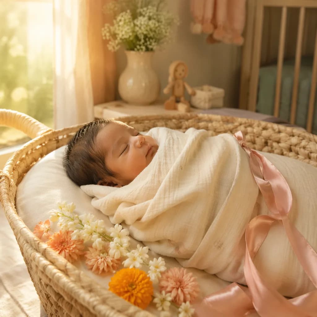A swaddled newborn in a softly lit pastel nursery with delicate floral accents.